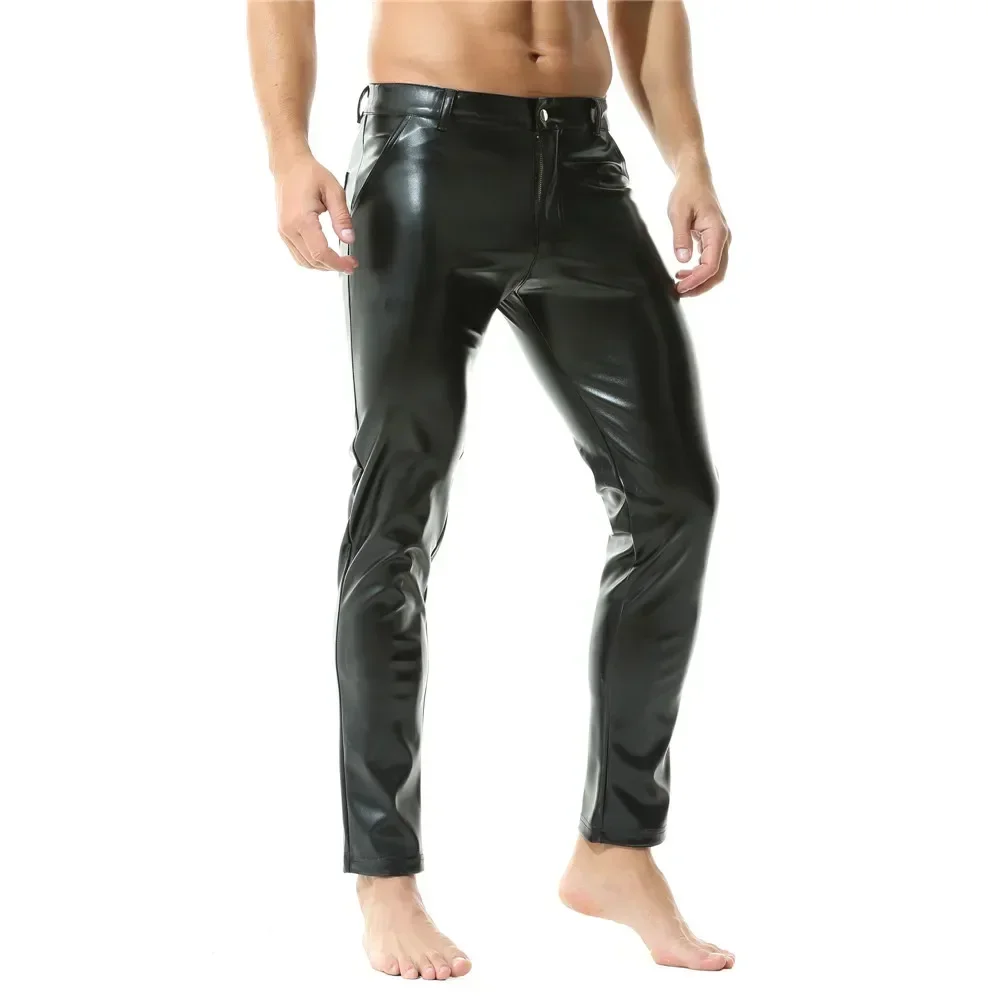 Mens Casual Zipper Faux Leather Pants Men Streetwear Nightclub Straight Trousers With Pockets Male Motorcycle Stage Short Pants leather pants skinny pants