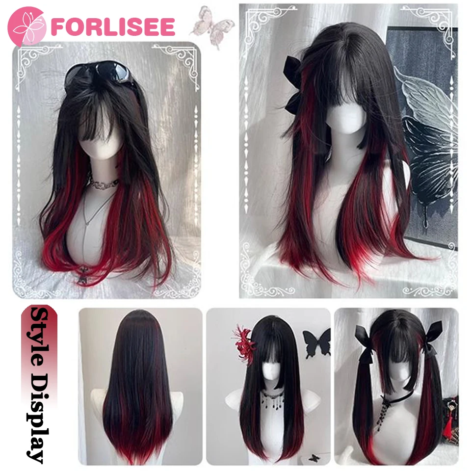 Black Long Straight Synthetic Wigs Red Highlights Natural