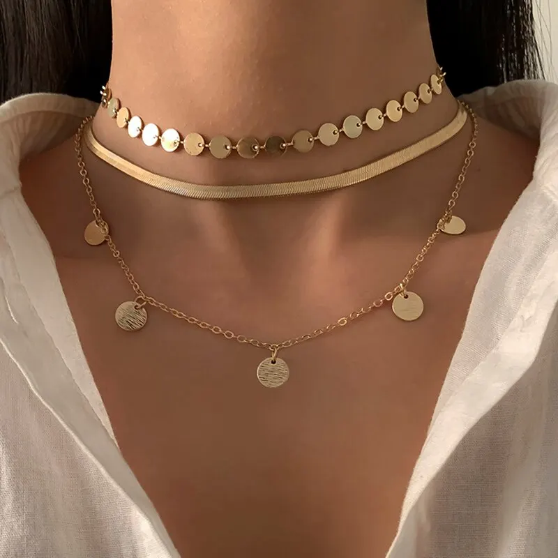 Vintage Flat Snake Chain Sequin Pendant Choker Necklace for Women