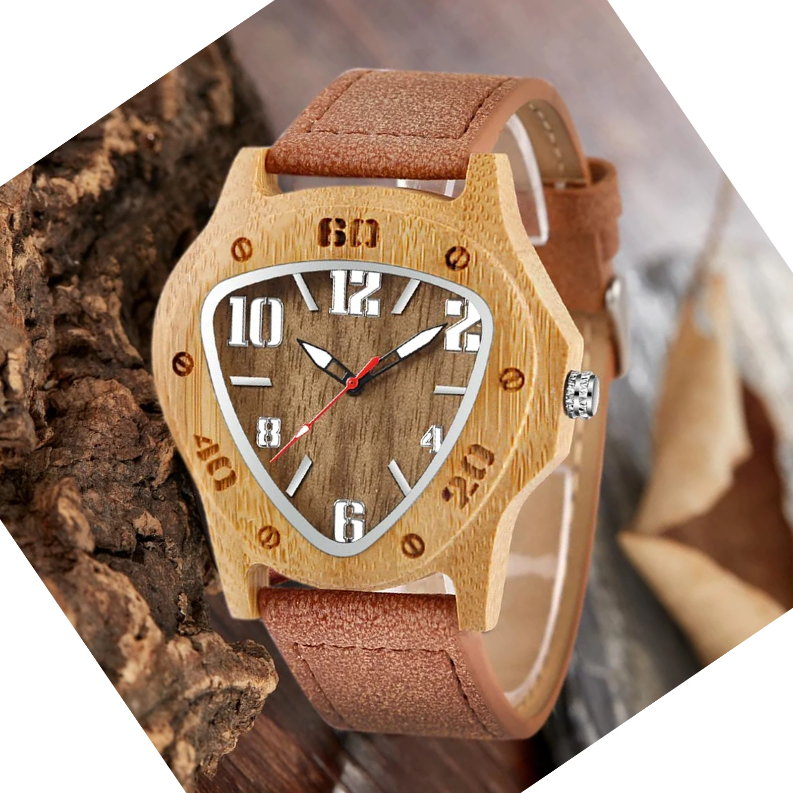 Men's Wooden Quartz Wristwatches, Fashion Brown Triangle Dial Strap Wooden Watches for Men-Brown,bracelet
