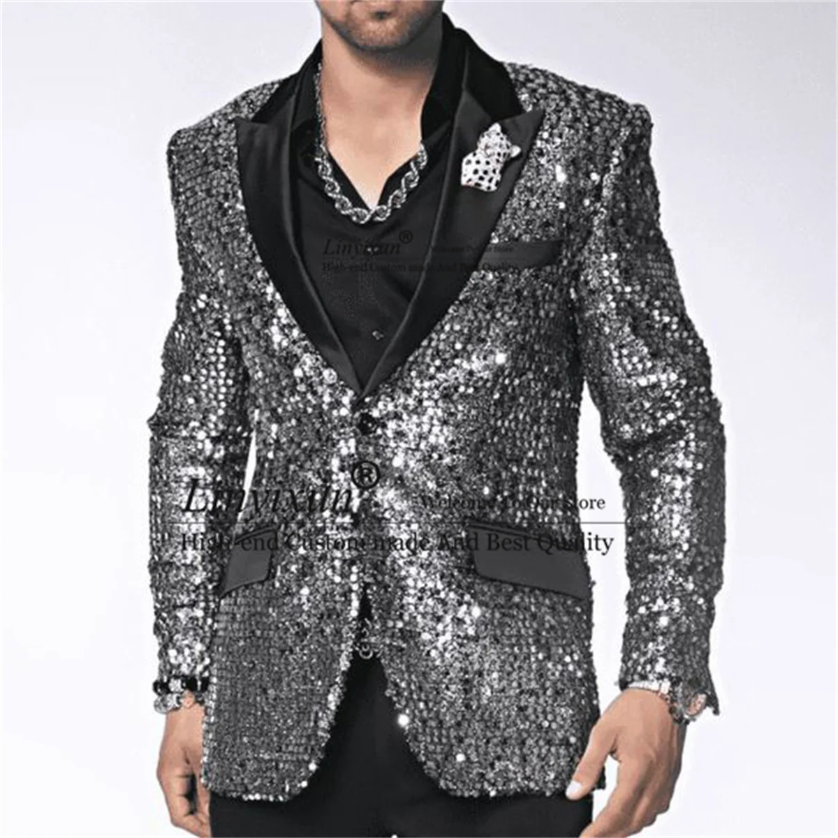 

Shiny Sequin Sliver Wedding Groom Tuxedo Peaked Lapel Men Suits 2 Pieces Sets Dinner Party Male Prom Blazers Slim Coustome Homme