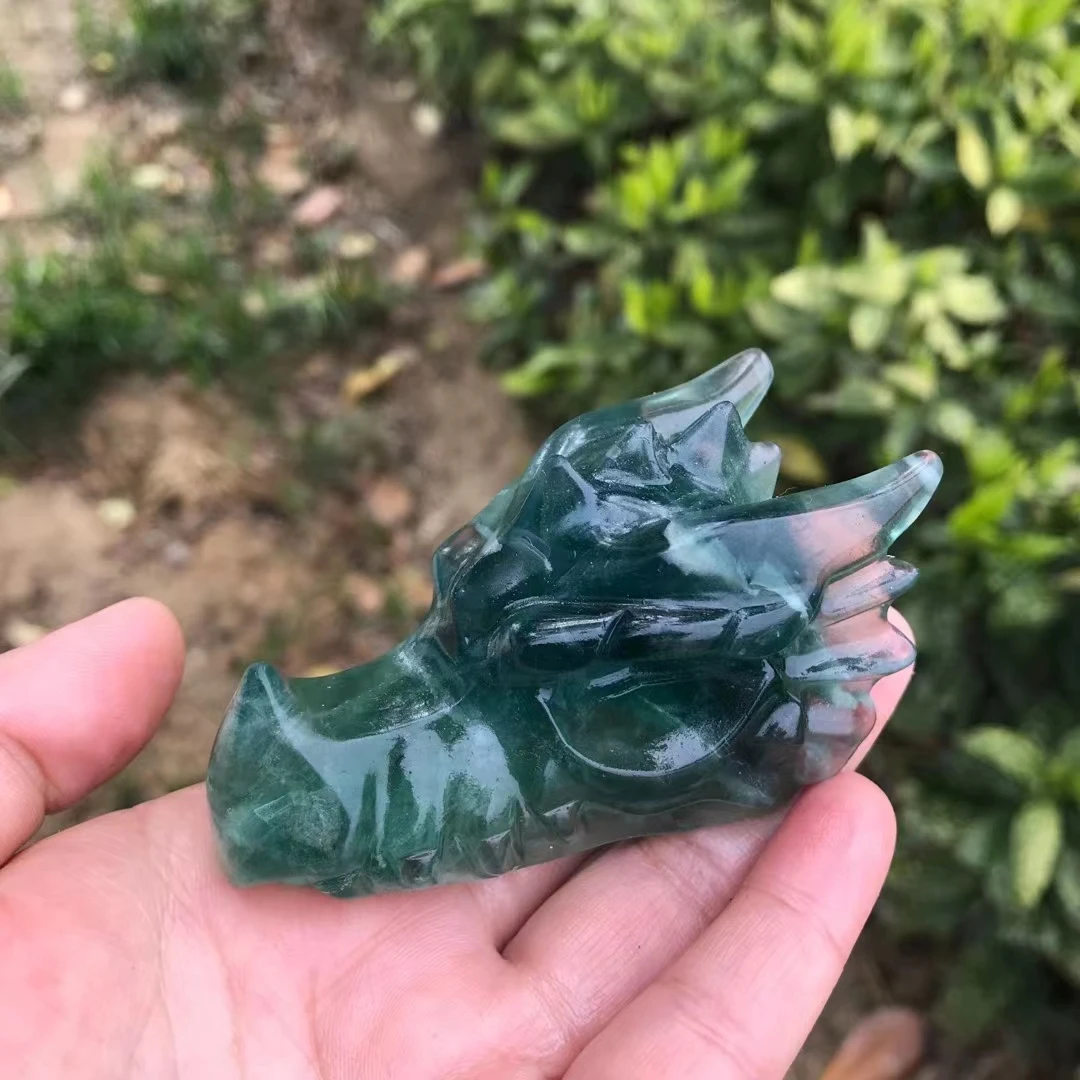 

Натуральный кристалл зеленый флюорит ручная резьба Голова Дракона Череп кварцевый кристалл исцеление резьба рейки подарок украшение для дома