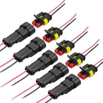 ขั้วต่อแบบกันน้ำ 5 คู่ แบบ 2 ขา ตัวเมียและตัวผู้ สายไฟ 18AWG ยาว 15 ซม. เหมาะสำหรับรถยนต์ รถบรรทุก เรือ ปลั๊ก DIY สำหรับดัดแปลง 1