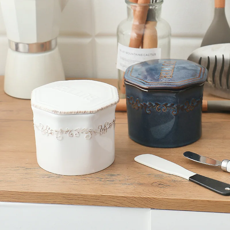 Ceramic Tableware Butter Box Polygon Butter Crisper Cheese Sealed Jar Western Box Cheese Slicer Dish Tableware