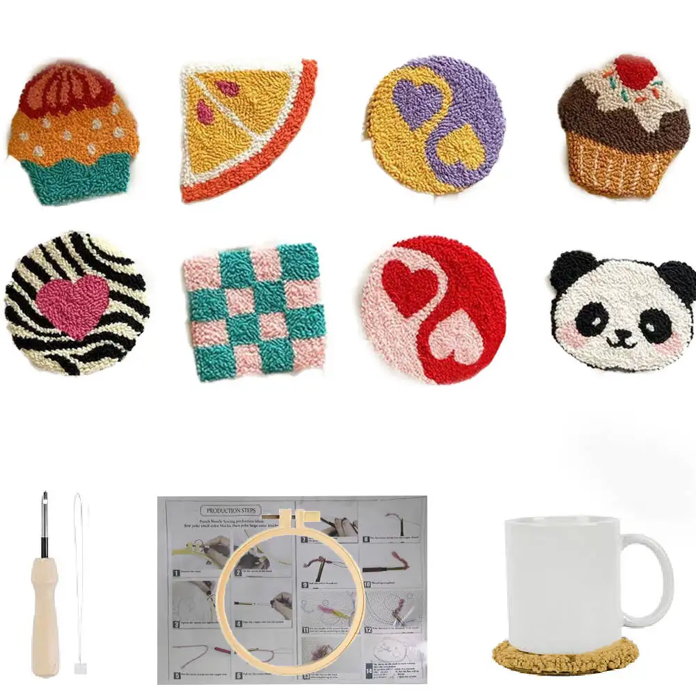 8pcs Cartoon Pattern Panda Heart Cake Punch Needle Embroidery Cup Mat Set Handmade Art Coaster Kits Tai Chi Unique Gift