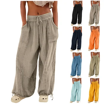 Pantaloni da spiaggia in lino Pantaloni Harem da donna a gamba larga Pantaloni a vita alta con bottoni e coulisse Palazzo Pantaloni larghi taglie forti con tasca 1