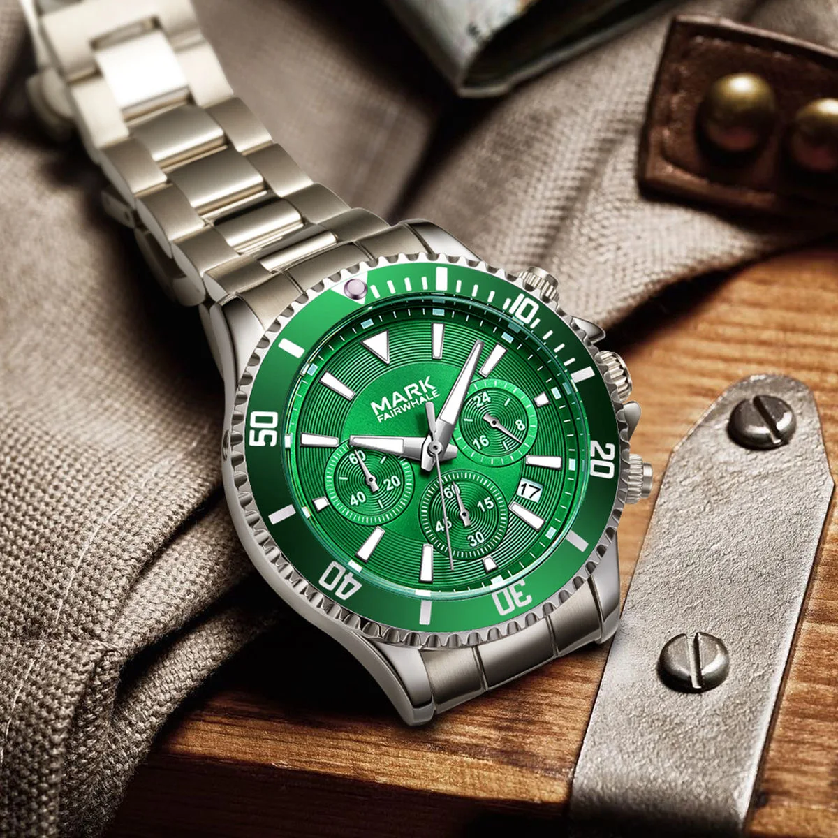 Fashion Men's Steel Watches Luxury Brand Green Date Chronograph Quartz Wristwatches Business Oyster Strap Waterproof Watch 2023