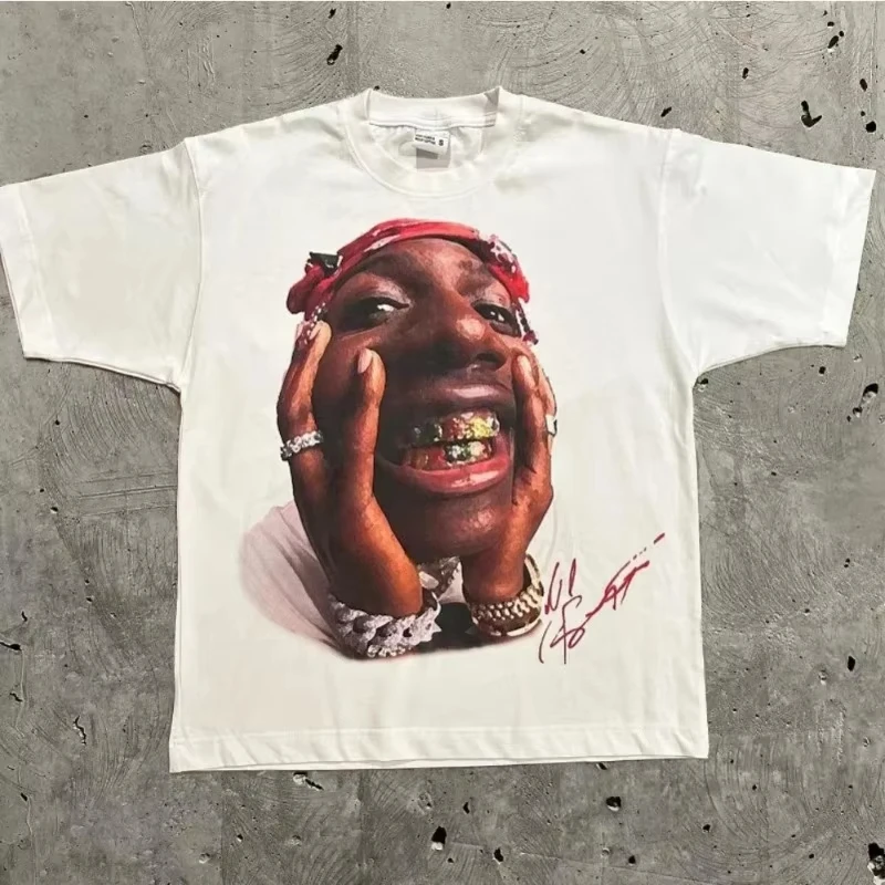 Camiseta de manga corta con estampado de monograma y retrato de tendencia Retro de calle alta, camiseta holgada informal Y2k Goth Harajuku Hip Hop para parejas