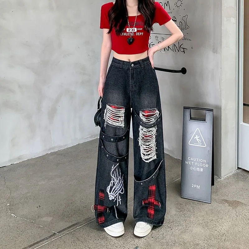 American Retro Heavy Industry Hollow Hole Jeans Women Street Design Loose Straight Wide-leg Pants High Waist Slim Mopping Jeans - Image 5