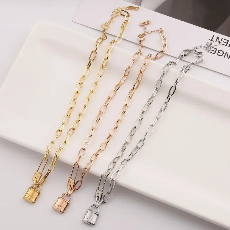 Stainless Steel Letter Love Lock Pendant Thick Chain Necklace for Women Men Gold Silver Color Charm Jewelry Wholesale 2