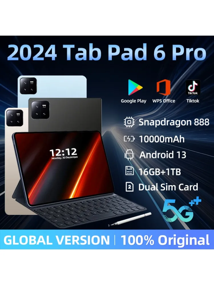 2024 Original Pad 6 Pro Snapdragon 888 Global Version Tablet PC Android 13 10000mAh RAM 16GB