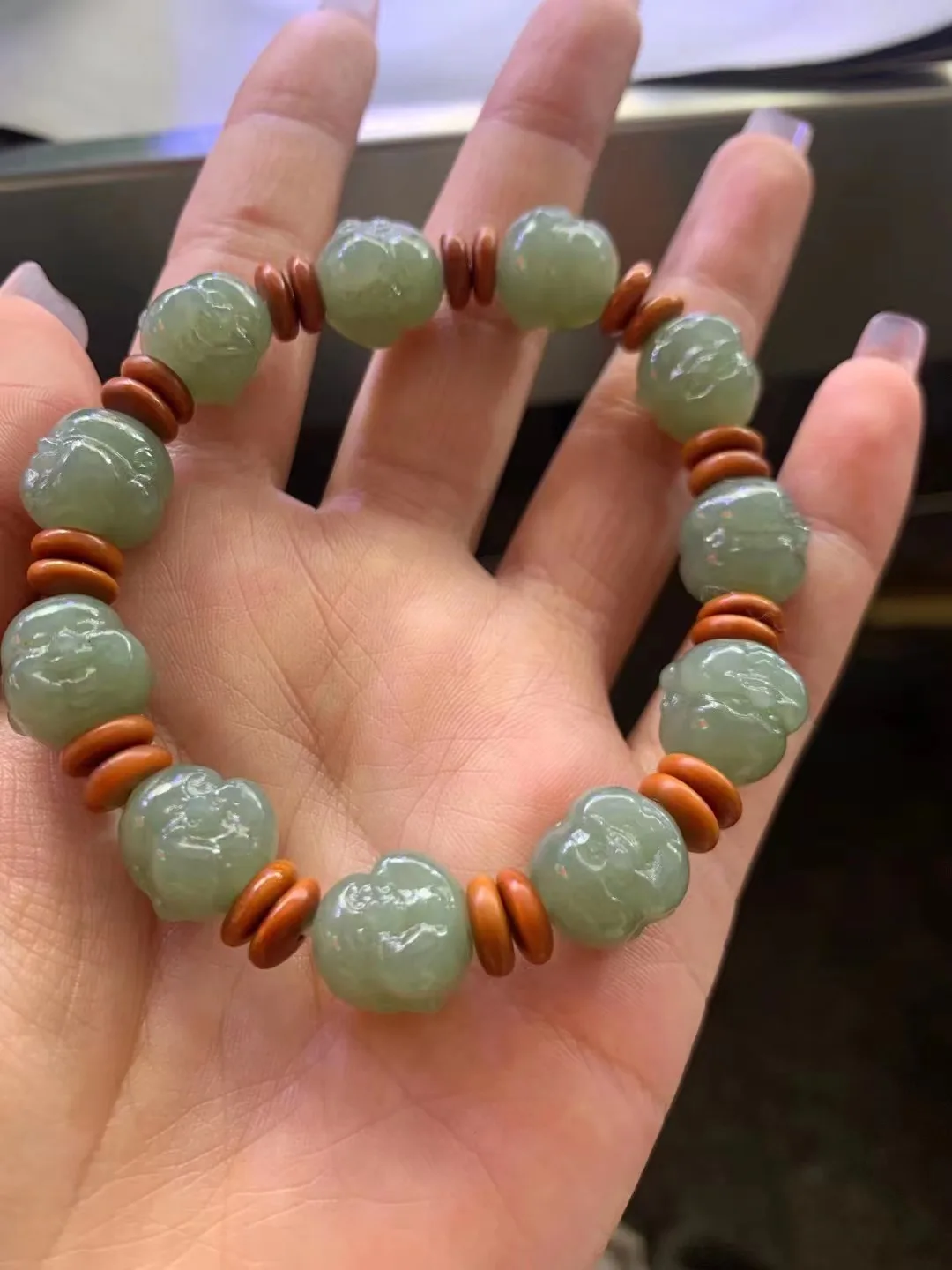 

Natural 100% real green hetian Jade round beads carved Smiling Buddha bracelets for couples woman men Gift with jade bracelet