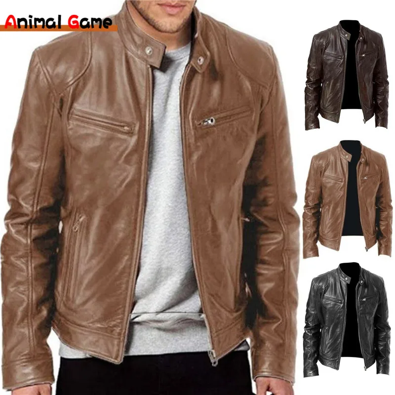 MensFashionLeatherJacketSlimFitStandCollarPUJacketMaleAnti
