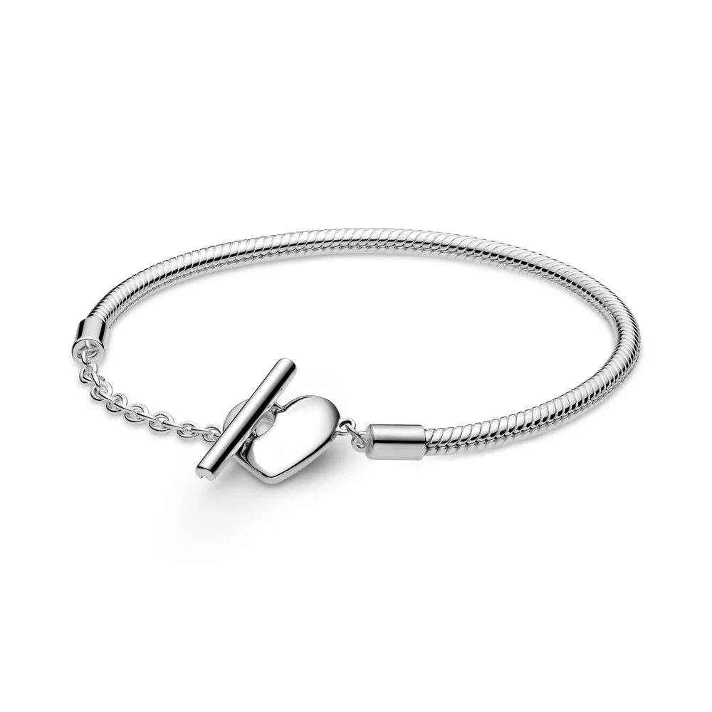 

Authentic 925 Sterling Silver Moments Heart T-Bar Fashion Snake Chain Bracelet Fit Women Bead Charm Gift DIY Jewelry