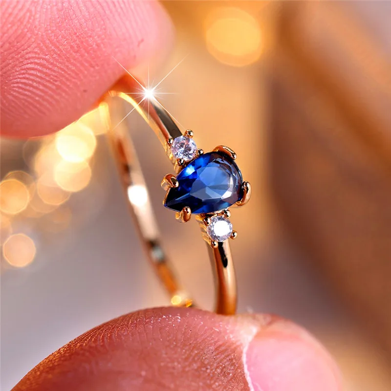 Luxury Female Small Blue Water Drop Zircon Stone Engagement Ring Trendy Gold Color Bride Wedding Jewelry Gift For Women