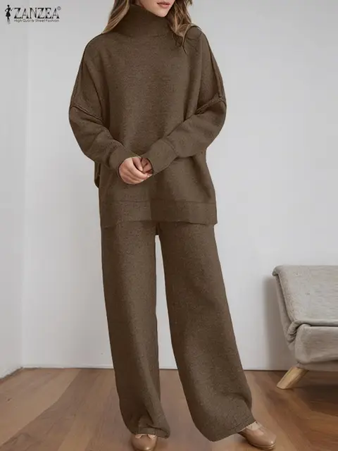 ZANZEA Women's Knitted 2 Pieces Pant Sets Casual Loose Turtleneck Long Sleeve Pullovers and Wide Leg Pant Suits Daily Outfits 1