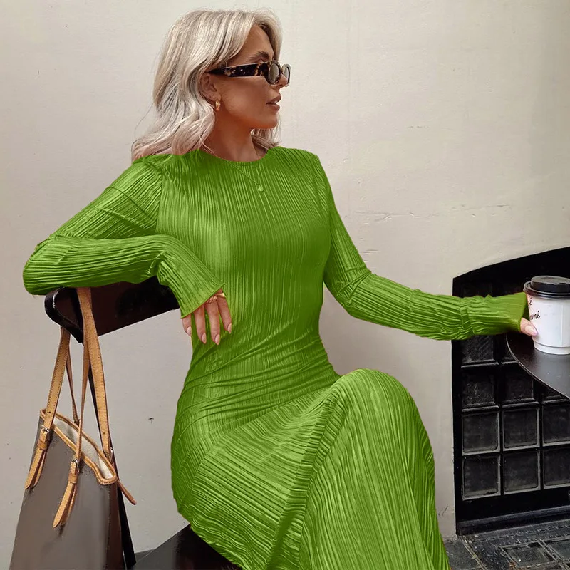 2023 Women Long Pleated Dress Elegant Fashion Solid Color Round Neck Long  Sleeve Wrap Dresses Spring Fall Ladies Clothes - AliExpress