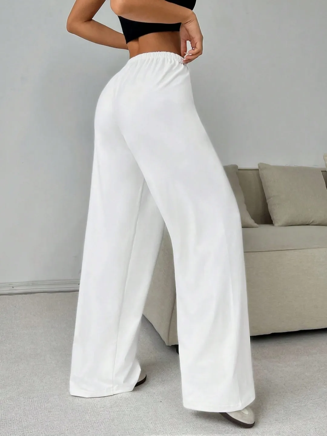 New Women's Fashion Comfortable Solid Color Pants Loose Wide Leg Sporty Casual Elastic Waist Pants