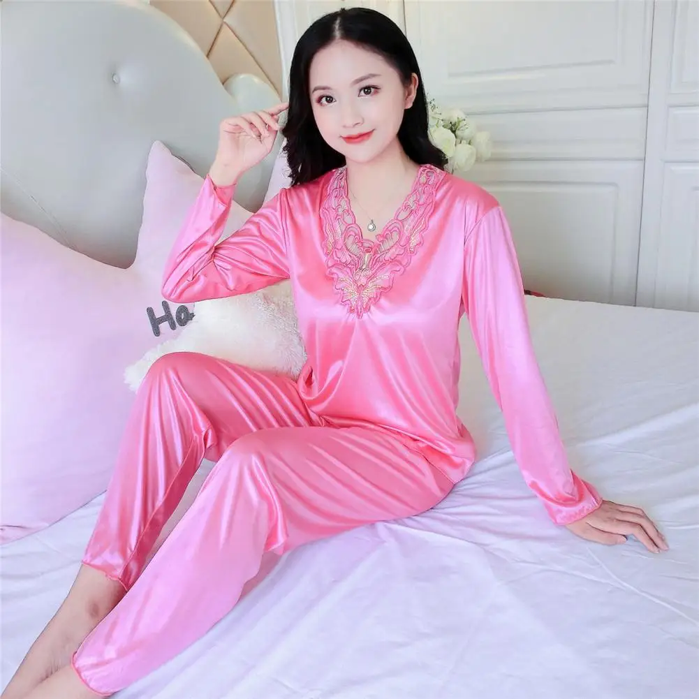 

2 Pcs/Set Pajamas Set Silky Satin Lace Flower Embroidery Long Sleeve Loose Thin Soft Lady Sleepwear Top Pants Set