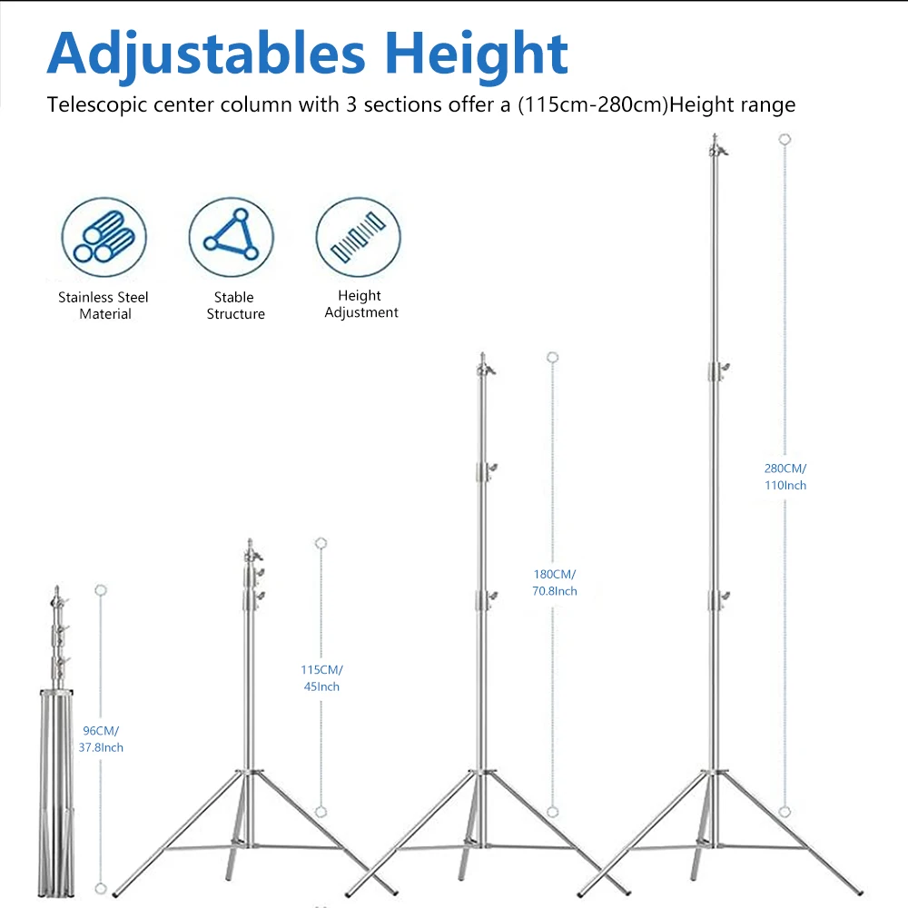 2/2.9M Tripod Super Stable Big Tripod Foldable Light Stand Lifting Frame Wheels Photography Softbox Photo Studio Stainless Steel — view 3