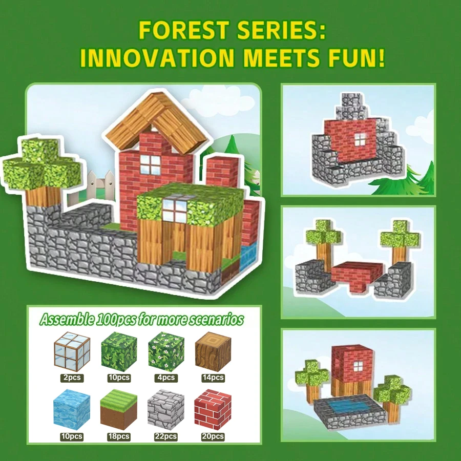 100pcs Forest Series Magnetic Blocks Toy Set For Boys Girls Stem Montessori Sensory Cubes For Toddlers Gift magnetic building blocks,magnetic assembly toy