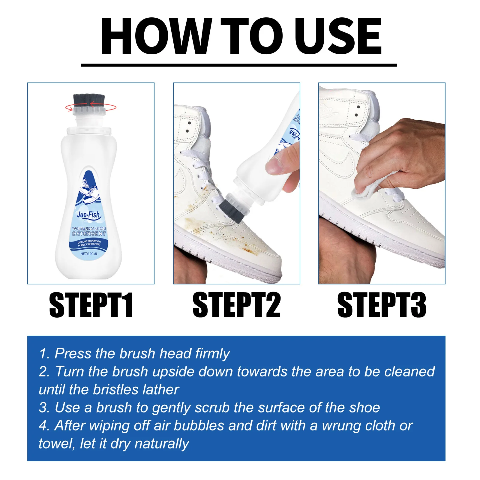 White Shoes Cleaner No-Rinse Sneaker Cleaner Remove Dirt Stain Whitening Shoe Detergent with Brush for Leather Knit Canvas Suede