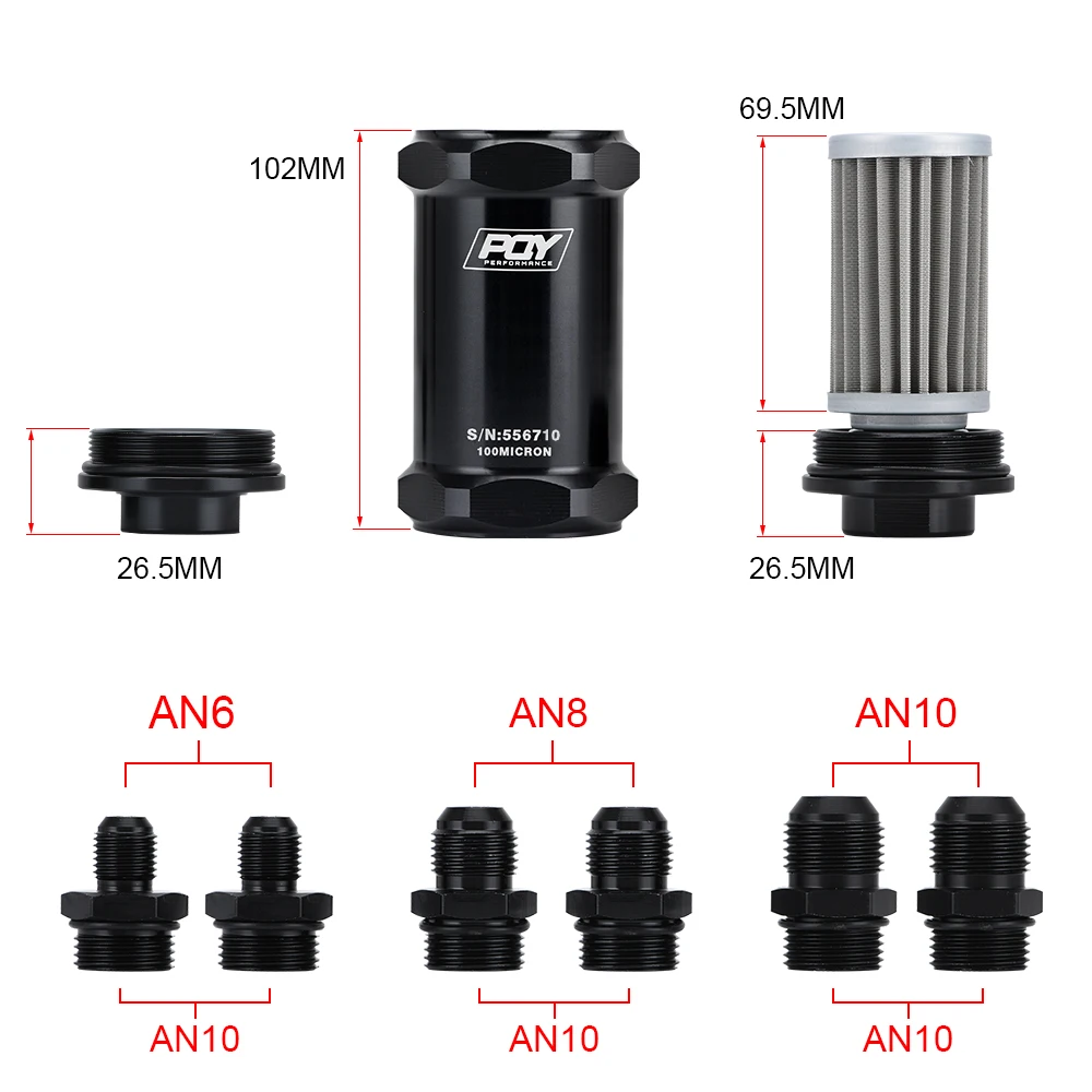 VR-PQY BLACK AN6 / AN8 / AN10 Inline Fuel Filter E85 Ethanol With 100 Micron Stainless steel element and PQY sticker