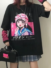 

QWEEK Japanese Anime Graphic T Shirts Women Harajuku Cartoon Print Korean Fashion Tshirts Tees Black Tops 2022 Summer BF