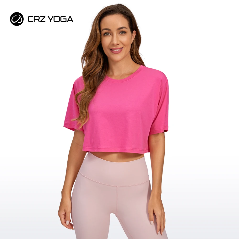 

CRZ YOGA Women's Pima Cotton Workout Crop Tops Short Sleeve Running T-Shirts Casual Athletic Tees