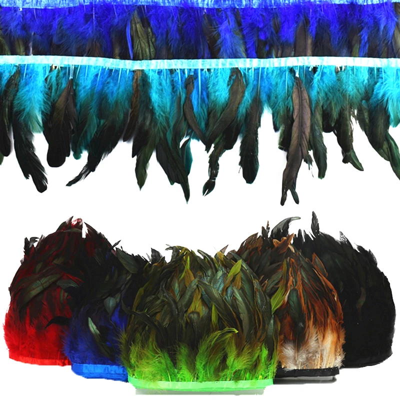 Rooster Feathers Fringe Trim on Tape Chicken Cock Pheasant Feather for Clothes Ribbon Sewing Flecos Decoration 10Meter