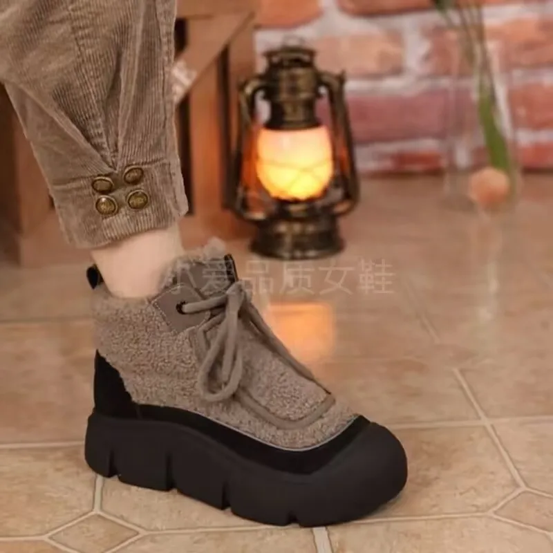 

Женские зимние ботинки из пушистого хлопка, новые теплые ботинки с подкладкой и высоким верхом, женские зимние ботинки в британском стиле