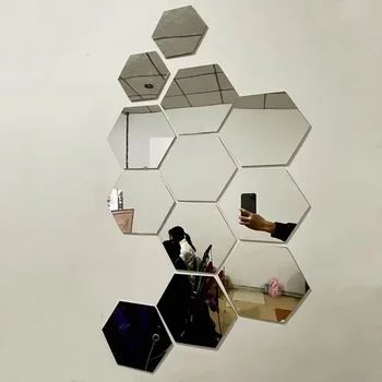 Autocollant mural miroir hexagonal en acrylique 3D, décoration de maison, bricolage, auto-adhésif, décalcomanie, grand, 6 pièces, 12 pièces 1