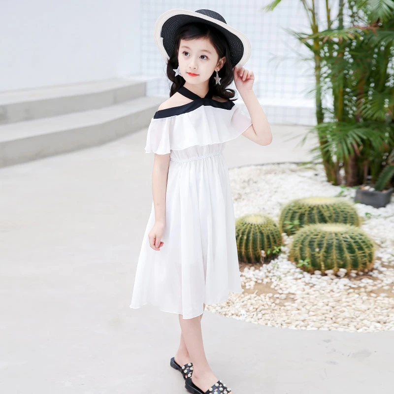

New Children Girls Dresses for Summer White One-shoulder Chiffon Dress Bohemia Princess Beach Party Ball Dress 2 To 12 Years Old
