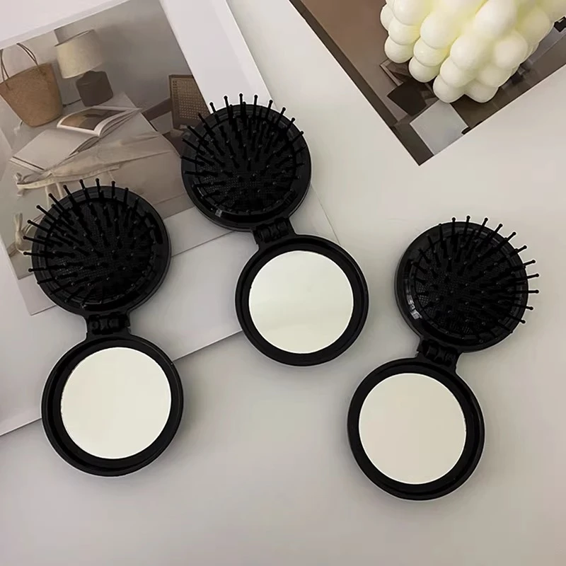 Portable Black Mini Folding Hair Brush and Head Massager - Anti-static Styling Accessory
