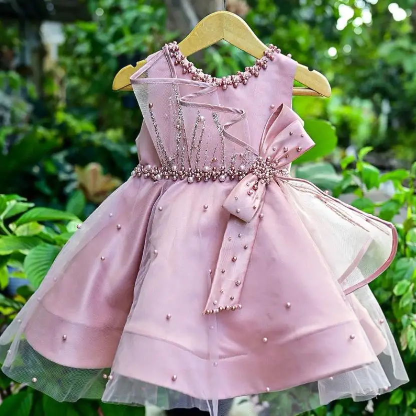 

New Children's Ball Gown Bow Beading Sleeveless Design Kids Catwalk Host Wedding Birthday Eid Party Girls Dresses A3601