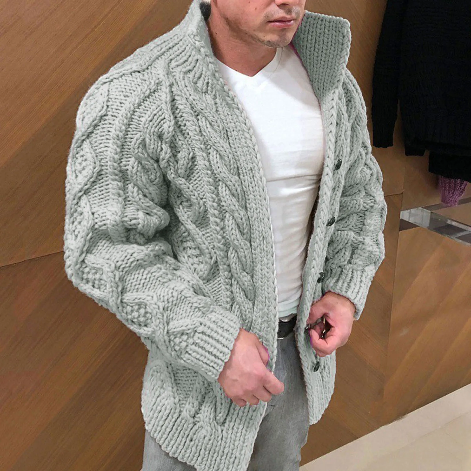 

Winter Autumn Men Stand Collar Solid Color Knitted Sweater Long Sleeve Warm Knitted Lapel Cardigan Coat Casual Knit Sweater Male
