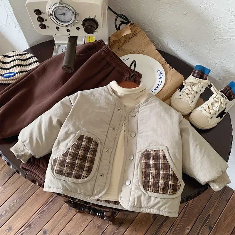 

Children's Cotton Jacket Winter Clothing Short Thickened Double Layered Boys' Cotton Jacket Girls' Warm Plaid Top Korean Trend