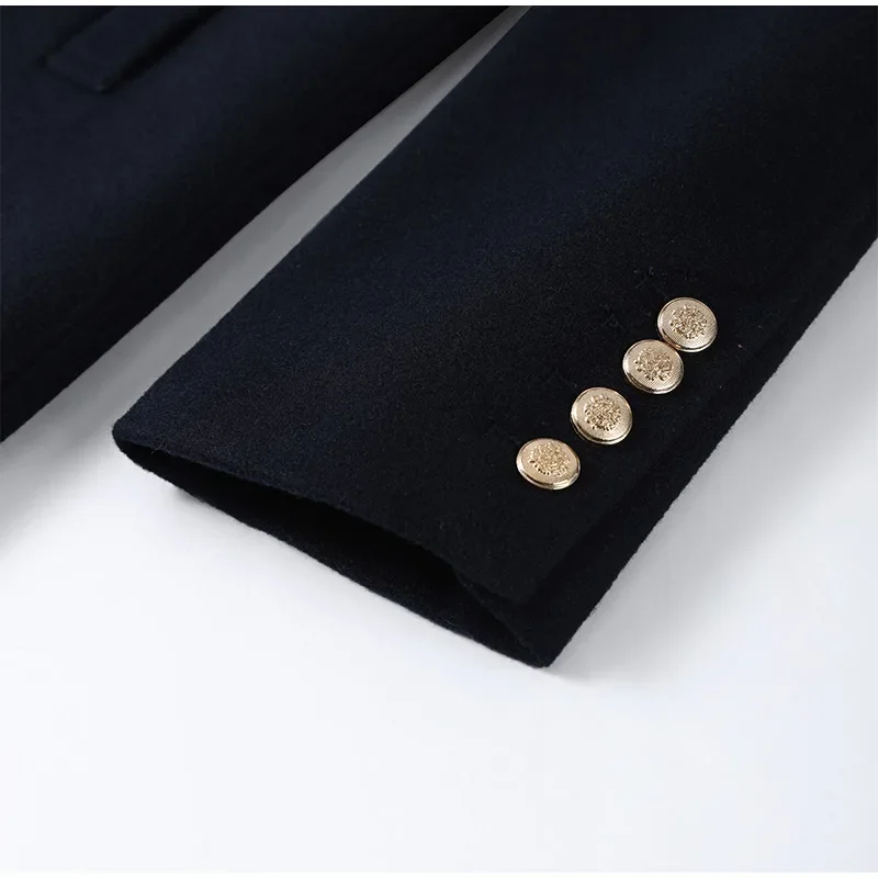 Elegante Revers Metall Zweireiher Lange Mäntel Frauen Mode Pad Schulter Solide Große Tasche Jacken Dame Winter Warme Chic Mäntel – Detail 8