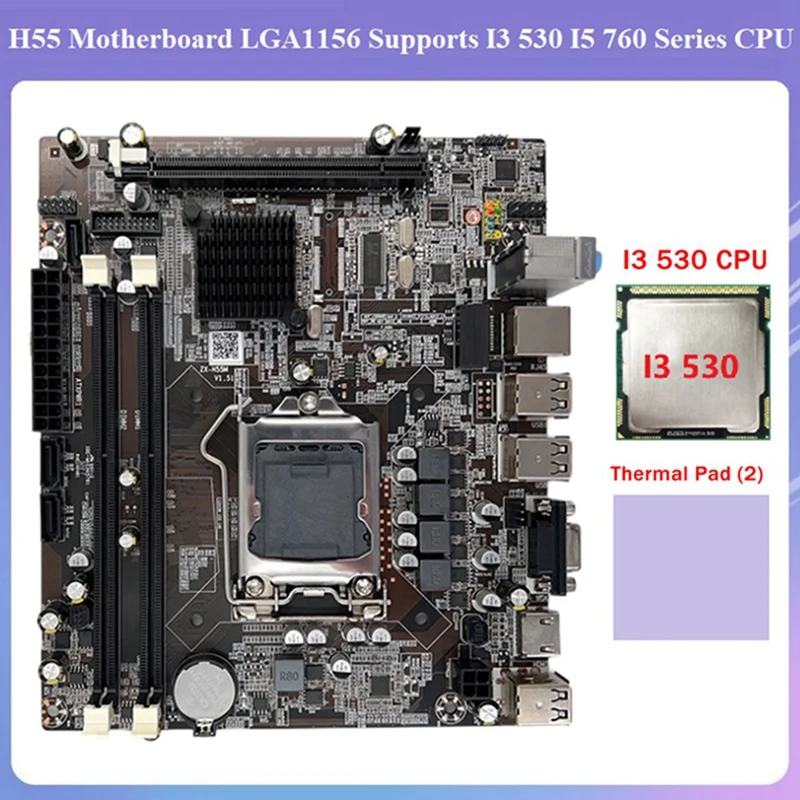 

Материнская плата H55 LGA1156 с поддержкой I3 530, I5 760, процессор DDR3, память для компьютера, материнская плата + процессор I3 530 + термоподушка