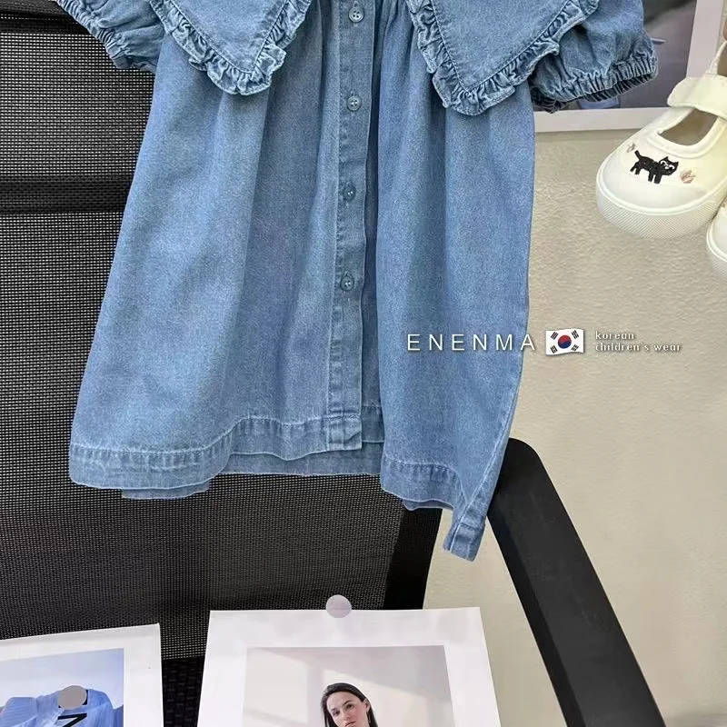 Children's Dress Summer Girl's Fashionable Bubble Sleeves Denim Dress Baby Cotton Short Sleeves Flip Collar Princess