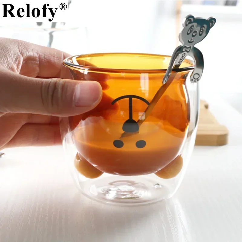 250ml Double Wall Glass Coffee Cup Cute Animal Beer Mug Wine Glass Mug Lovers Family Milk Juice Water for Drinking Drinkware