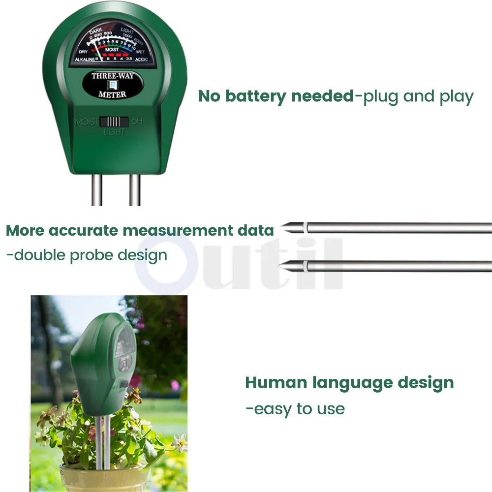 3 in 1 Soil PH Meter Sunlight PH Light Detection Tester Garden Flowers Soil Moisture Sensor Meter Plants Acidity Humidity