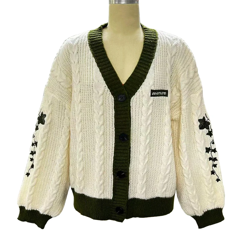 Evermore Cardigan Taylor Version Green Vine Embroidered Button Down Cable Knit Sweater Women Fall Winter Vintage Outfit