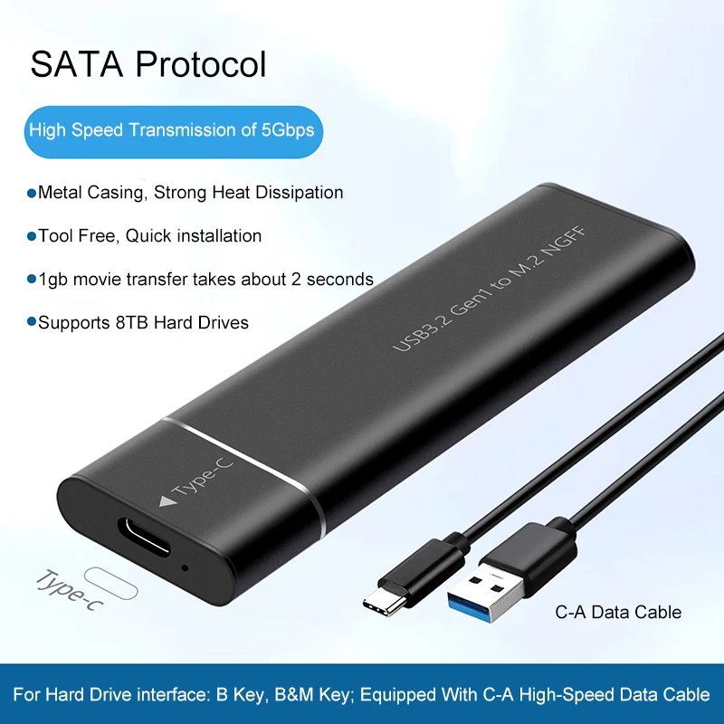 M.2 Solid State Mobile Hard Disk Box USB 3.2 Metal Heat Dissipation External Type-C Interface NGFF/SATA Dual Protocol TN100