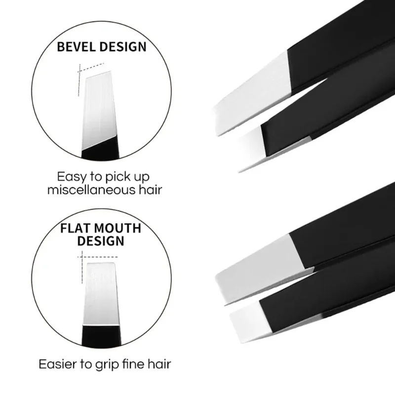 Premium Stainless Steel Black Tweezers with Slant and Flat Tips for Eyebrow Shaping & Ingrown Hair Removal