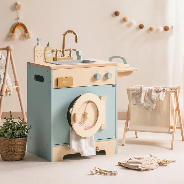 8954-e01652.jpg Robotime Robud Kitchen Washer Playset Pretend Play Toy Washing Machine with Clothes Basket Iron and Sink for Kids Age 3+Blue