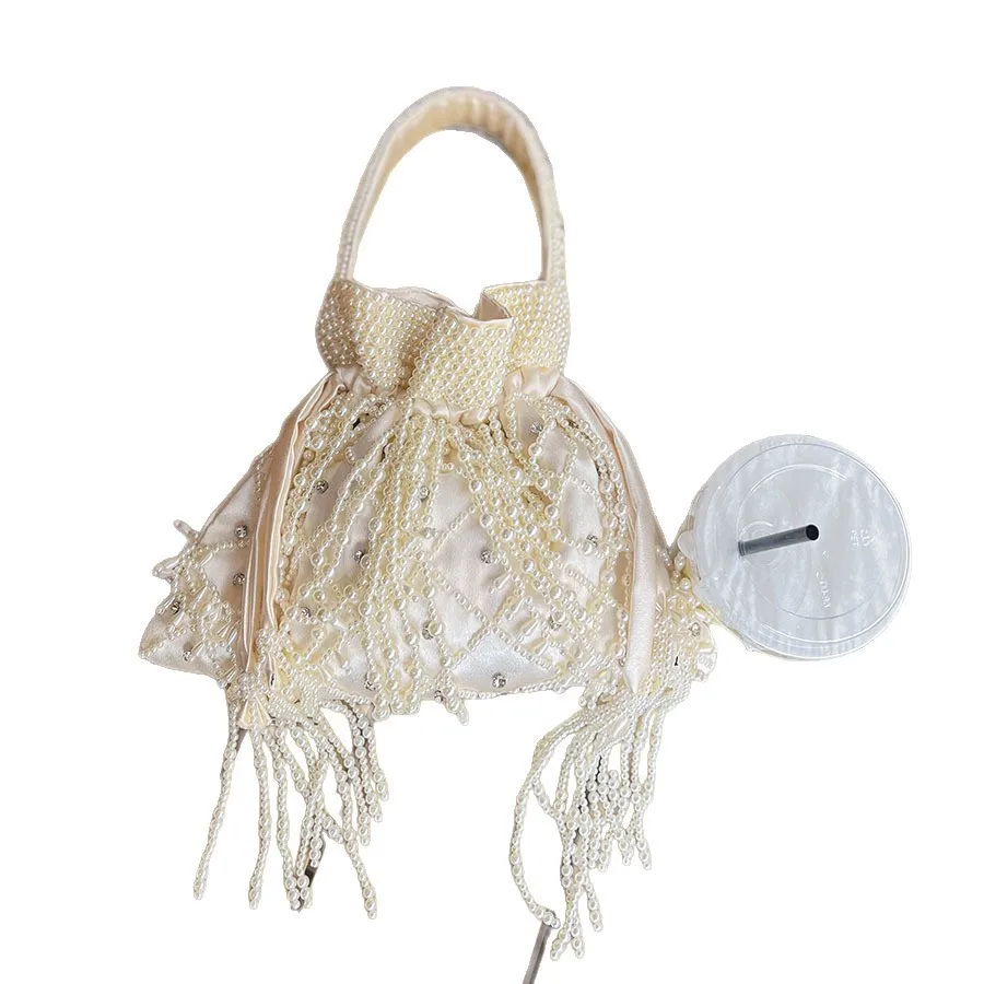 Handmade Pearl Bead Handbag Tassel Bucket Luxury Silk Bag Women Woven Party Wedding Evening Small Box Basket Bag