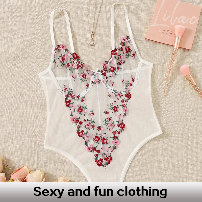 Women Suspender Pajamas Women Lace Pajamas Women Bodysuit Sleep Wear Set Women's Sexy Perspective Mesh with Embroidered Flower V-Neck Suspender Sexy Pajamas One Piece Pajamas