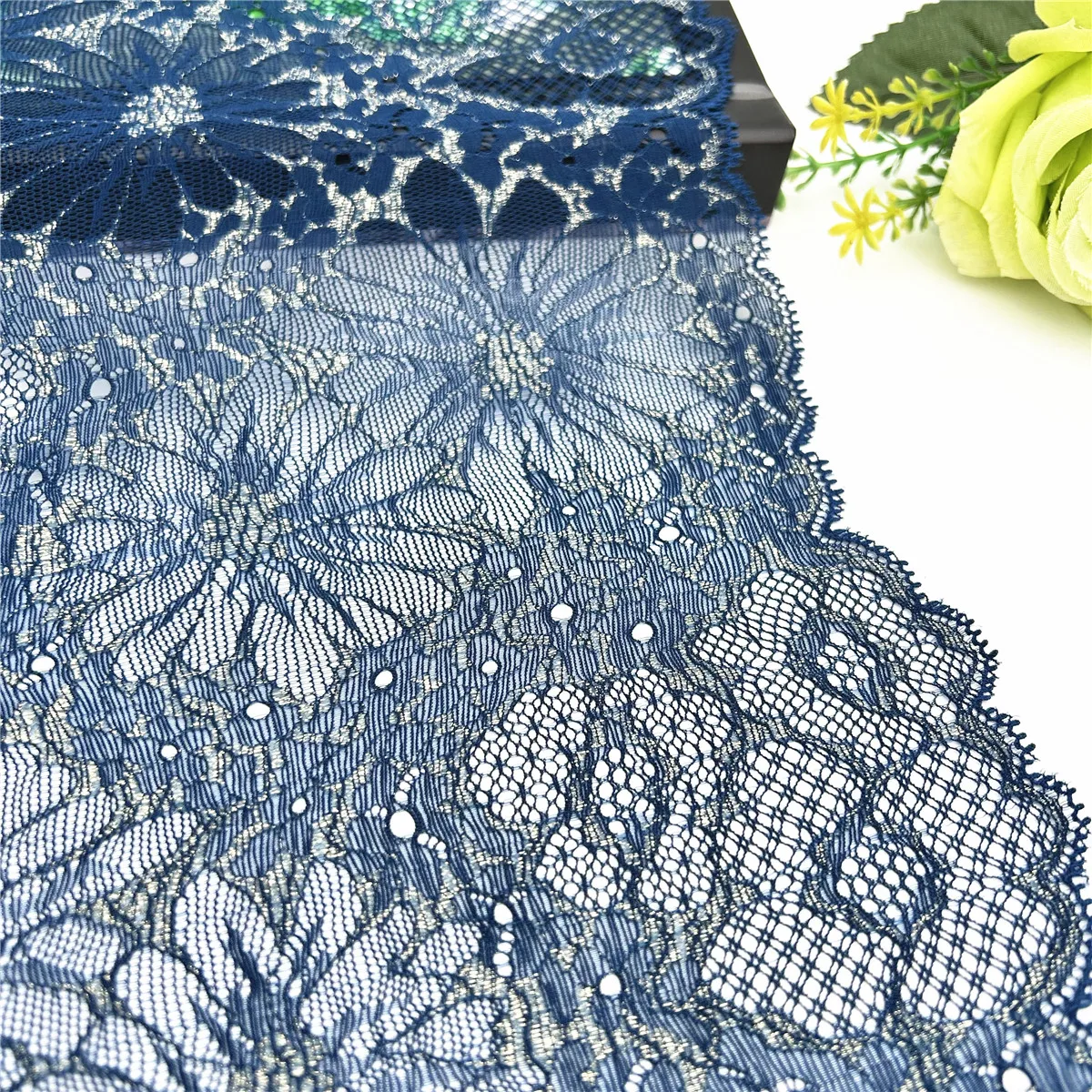 3y/lot Width 23cm Dark Blue With Gold Elastic Stretch Lace Trim 3