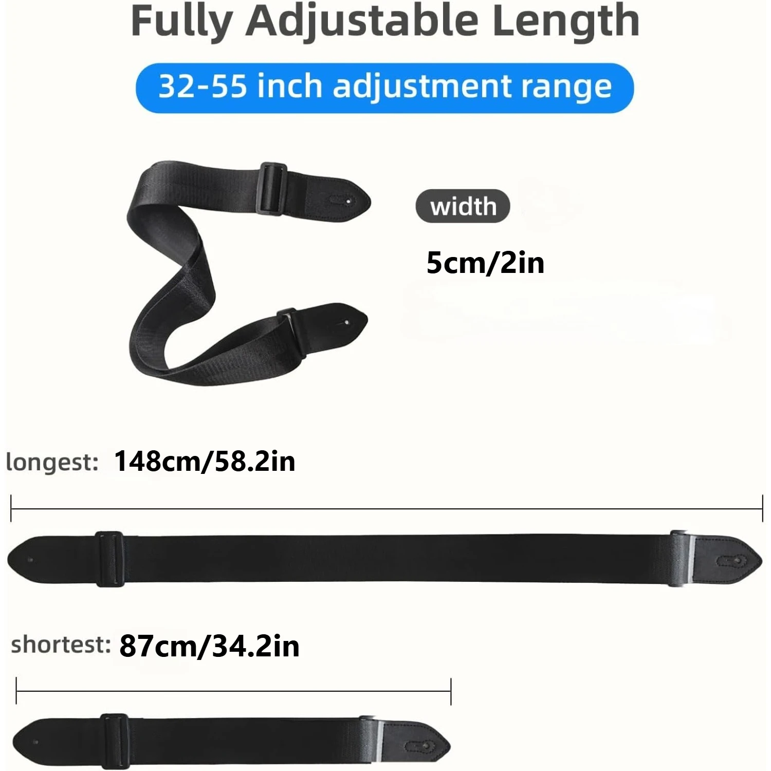 Adjustable Black Leather Guitar Strap